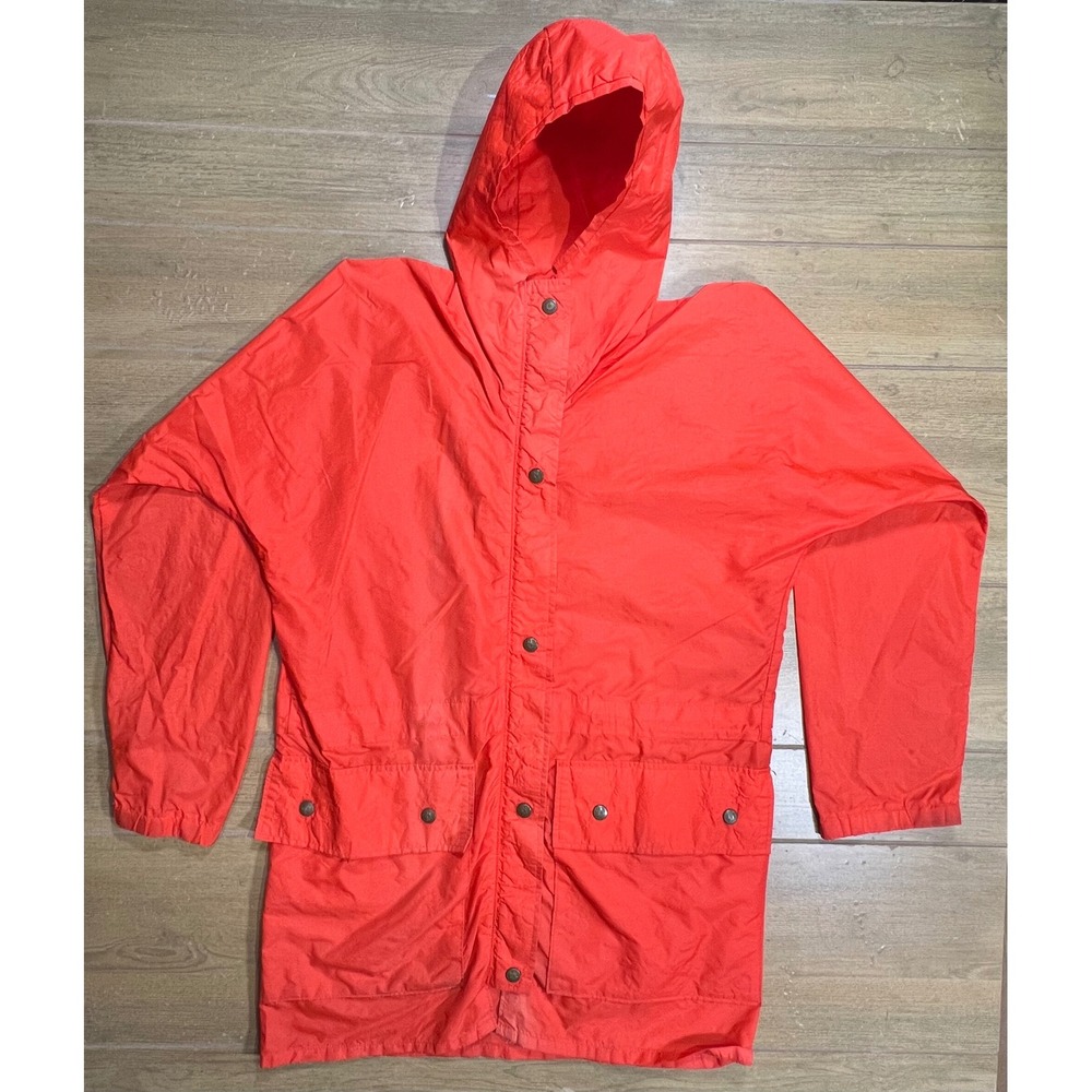 Eddie Bauer Vintage Red Hooded Rain Parka Jacket Snap Front Utility Pockets S